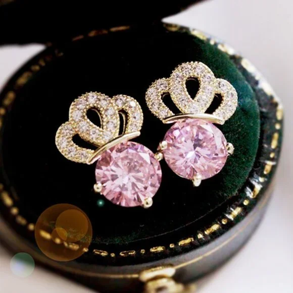 Pink Crystal CZ Crown Shape Stud Earrings for Women, HA4503 - Picture 1 of 3
